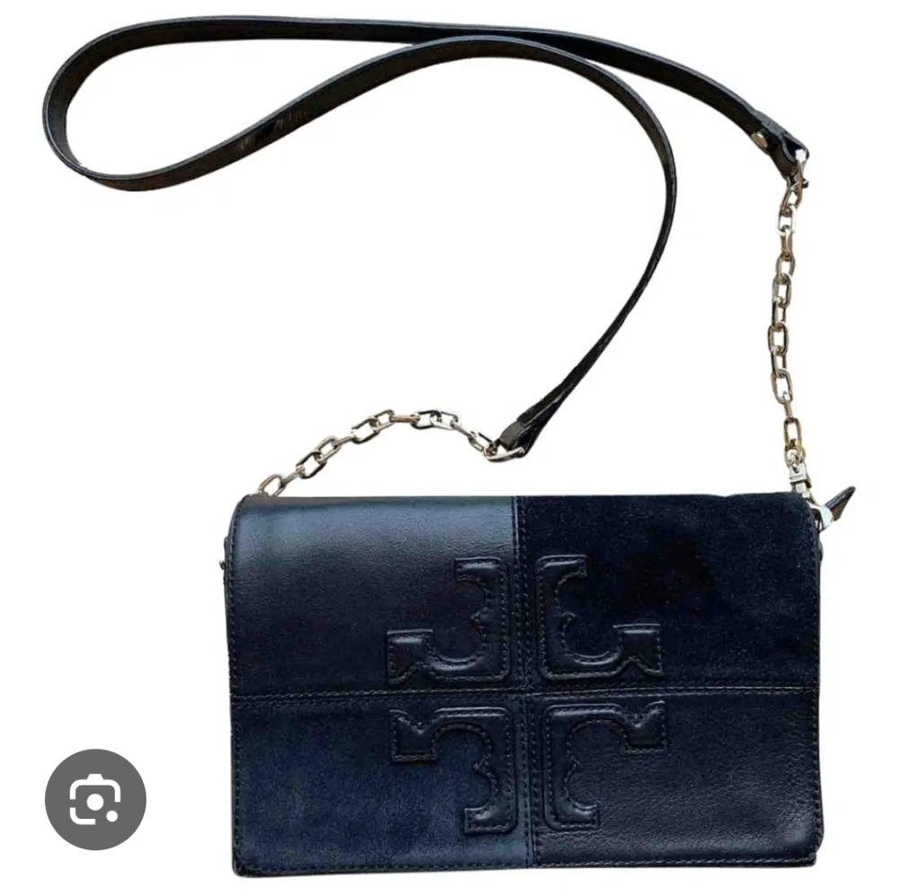 💜 Tory Burch Natalie Shoulder Bag Black Leather Purse Handbag Logo